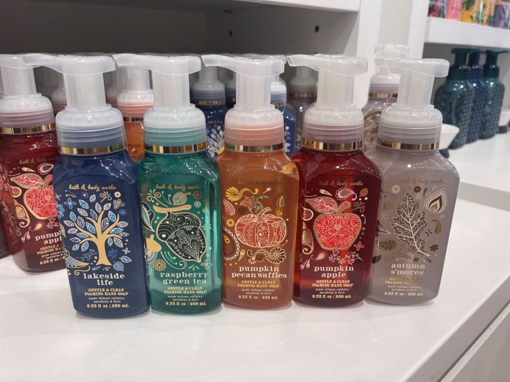 Row of Bath & Body Works hand soaps on a counter