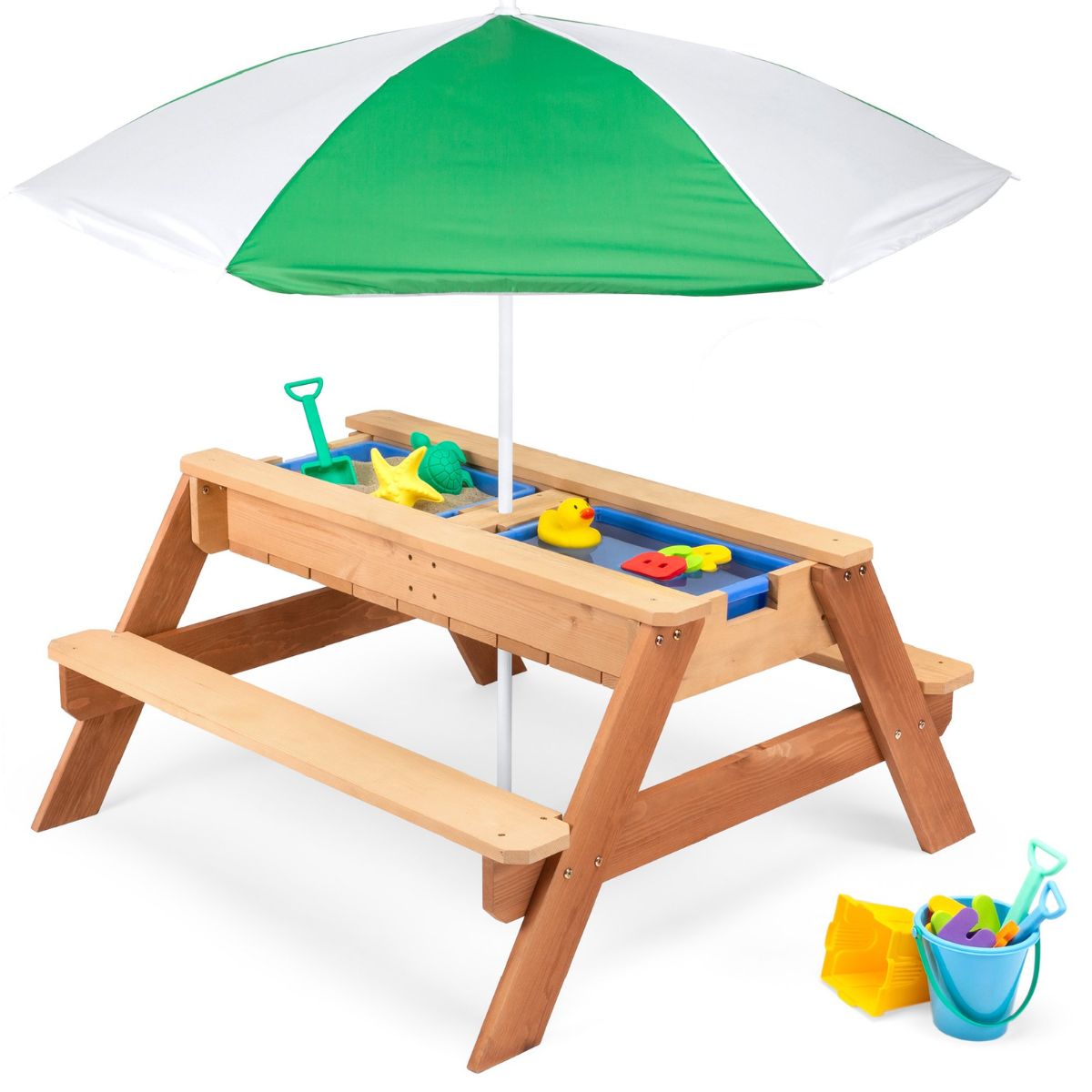 Best choice 3 in 1 kids picnic table with green and whiteumbrella
