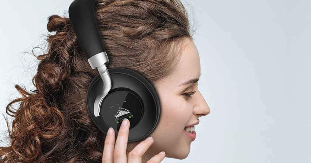 woman wearing Bluetooth Headphones with LCD screen