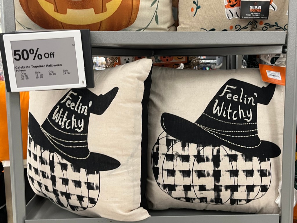 pumpkin witch hat Halloween pillow in store