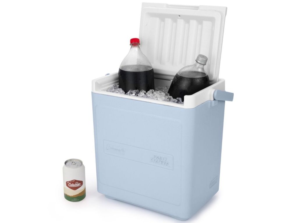 blue gray Coleman cooler with beverages