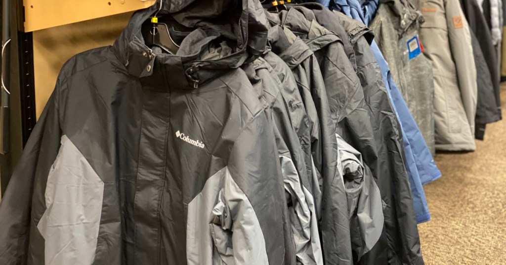 Columbia Jackets hanging on rack in store
