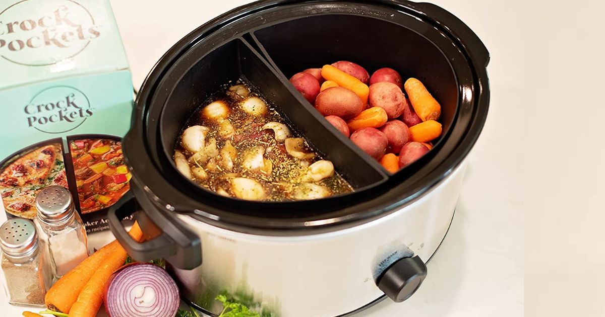 crock pot with crock pockets dividers filled with potatoes and carrots on one side and mushrooms on the other
