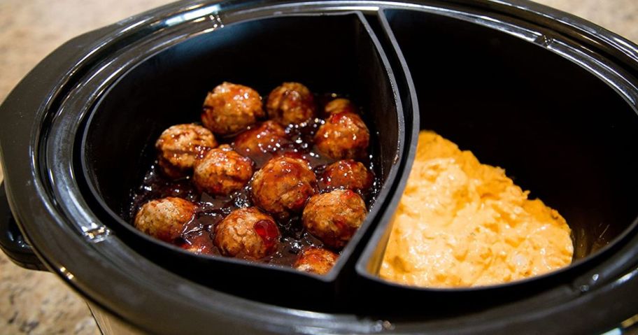 slow cooker with crock pocket inserts, showing meatballs on one side and buffalo chicken dip on the other