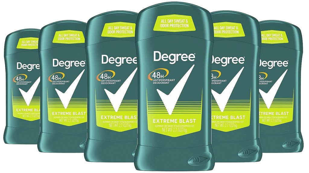 six sticks of Degree Men Original Antiperspirant Deodorant in Extreme Blast Scent