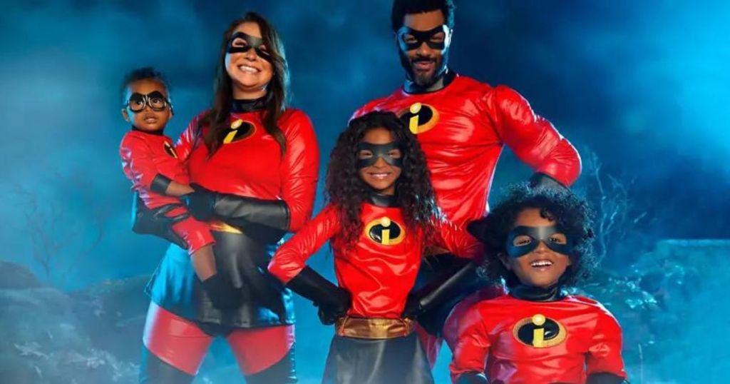 family wearing Disney Incredibles costumes