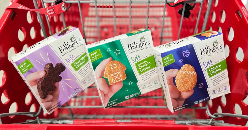 three kids Dr. Praeger's Frozen Chick'n and Brownie Littles boxes in store cart