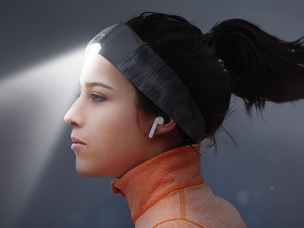 A woman running wearing a Energizer headband light on a table