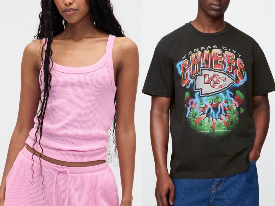stock images of a woman wearing waffle knit pajama top and man wearing kansas city chiefs t-shirt
