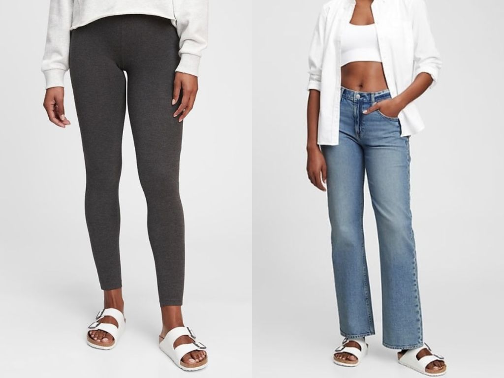woman wearing leggings and woman wearing jeans