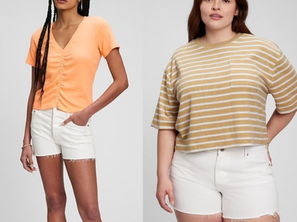 woman wearing ruched orange top and woman wearing tan and white striped tee