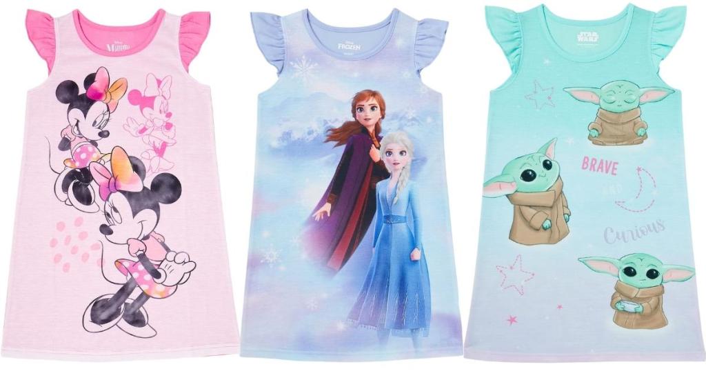 girls minnie mouse, frozen 2 and star wars nightgowns