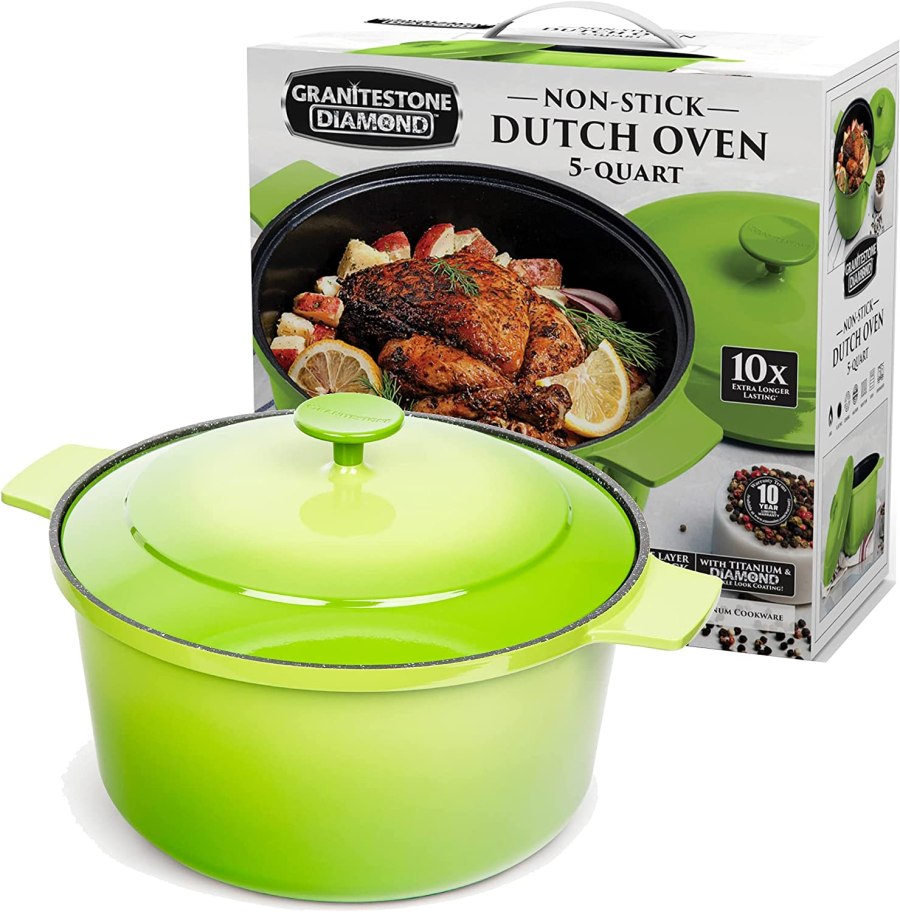 stock image of a Granitestone Diamond Dutch Oven in green both in and out of packaging