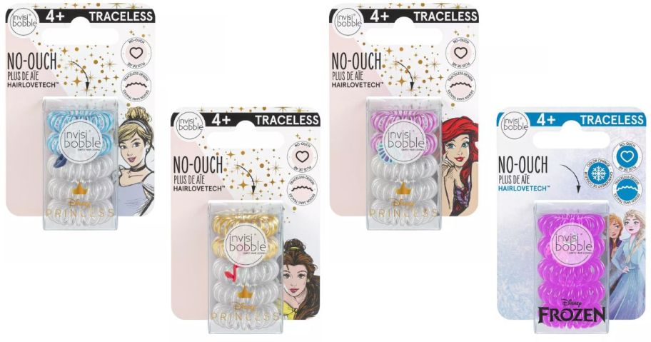 different packages of invisibobble Kids' Disney Princess Hair Elastics - 5pc sets 