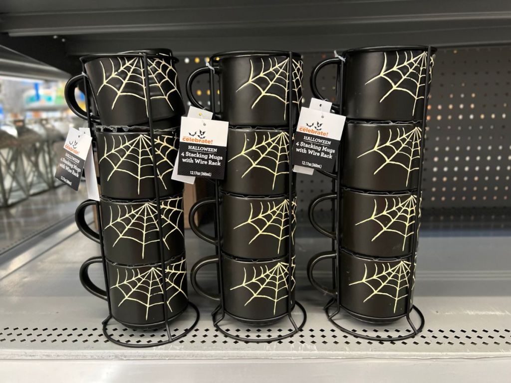 Walmart Way to Celebrate 4-Piece 12-Oz Black Spider Web Glazed Ceramic Stacking Mug Set with Metal Rack 