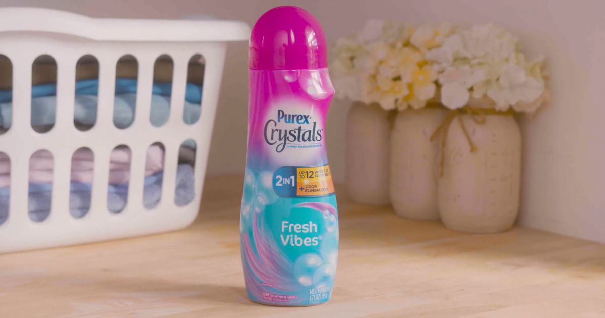 Purex Crystals in-Wash Fragrance and Scent Booster, Fresh Vibes shown in laundry room
