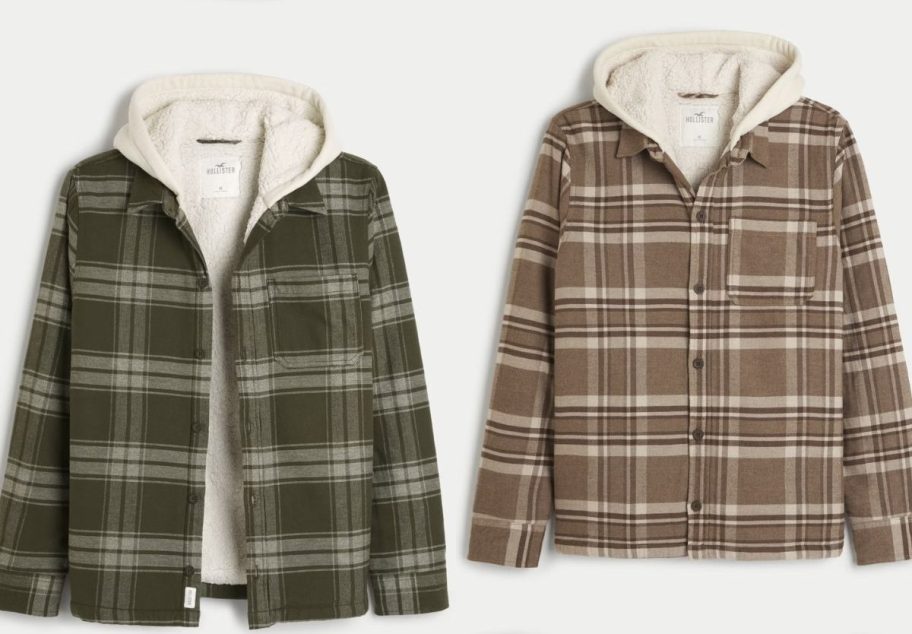 Stock images of 2 faux shearling lined men's shirts from Hollister