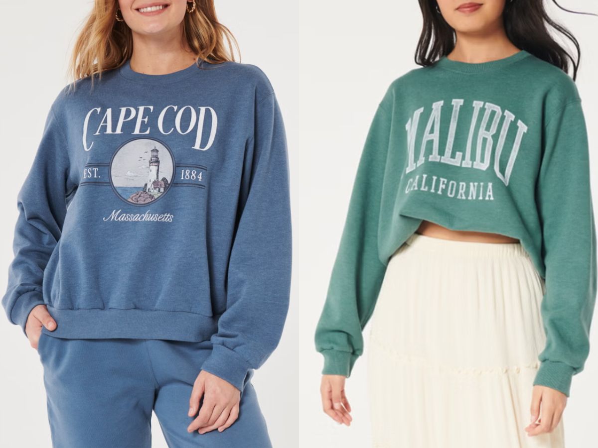 Stock images of 2 women wearing graphic sweatshirts from Hollister