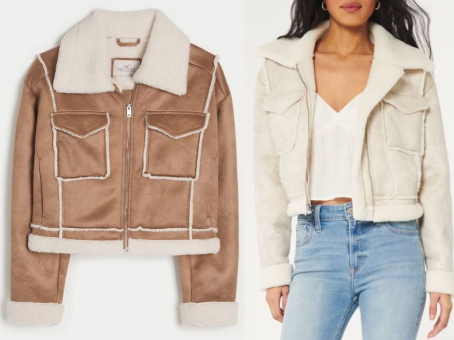 Stock images of a Hollister Faux Shearling jacket and an image of a woman wearing it next to it