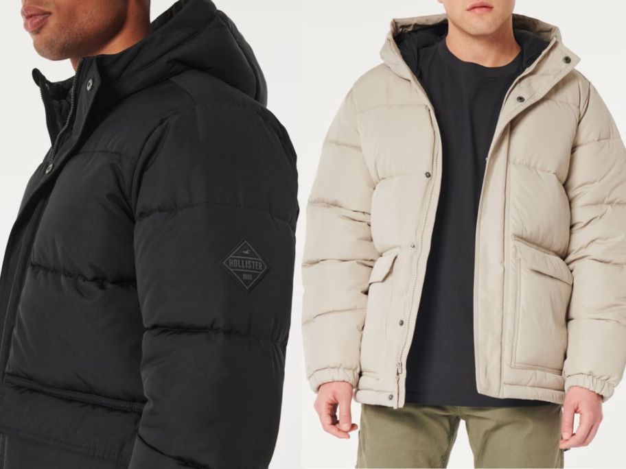 Stock images of 2 men wearing Hollister puffer jackets in two colors