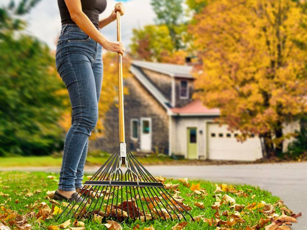 woman using a rake to clean up fall leaves
