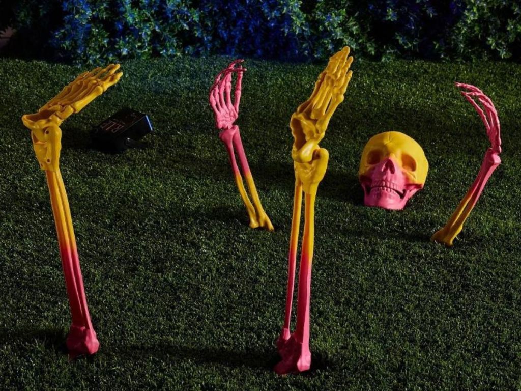 Brightly colored ombre skeleton emerging from the grass