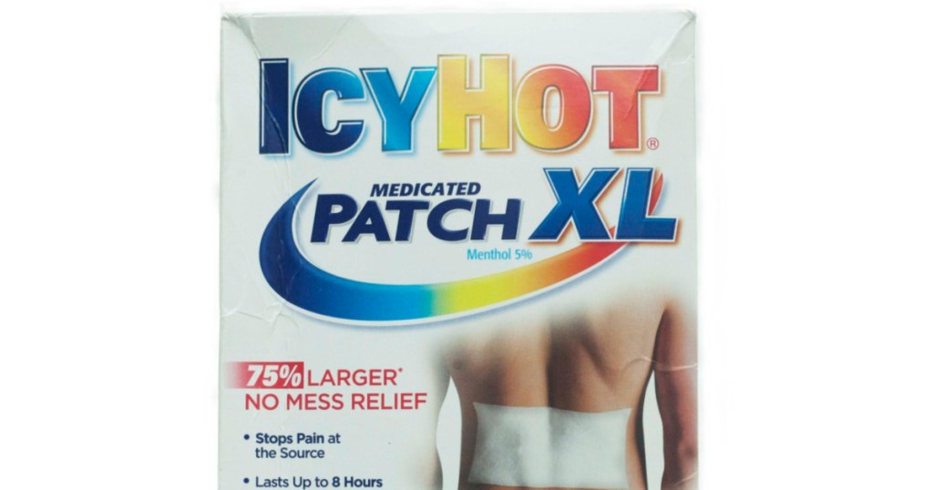 pain relief patch in box with man's back on front 