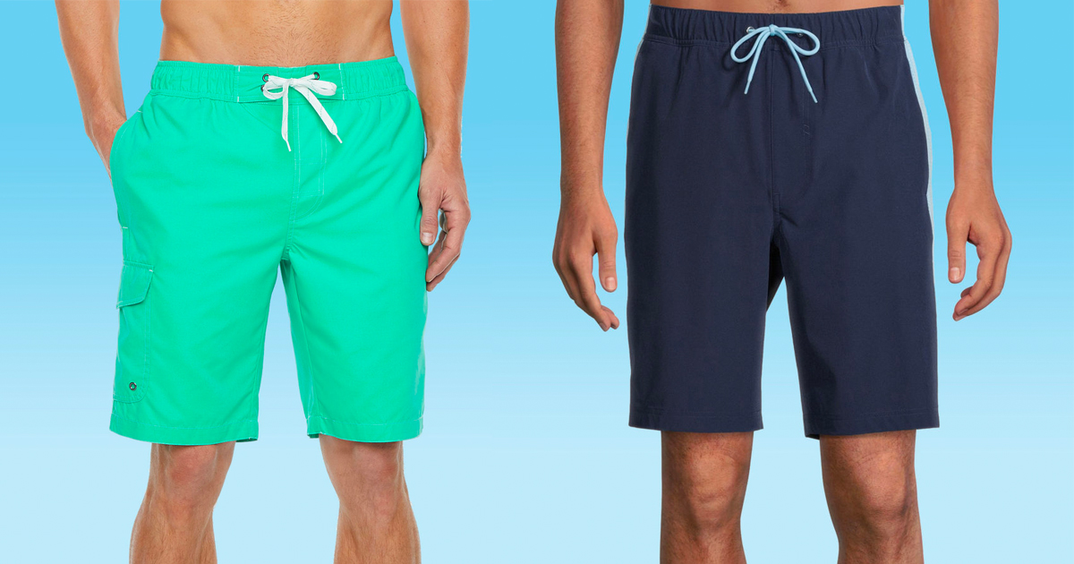 side by side stock images of men wearing jcpenney swimwear standing in front of a blue background