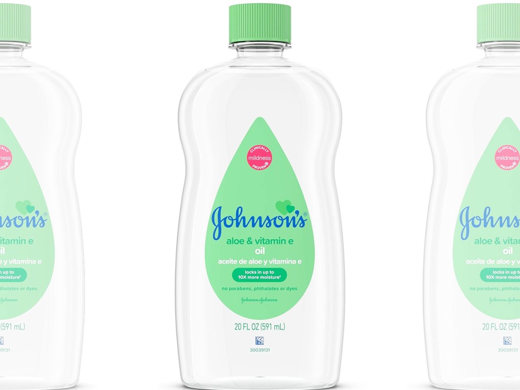 clear and green bottles of Johnson's Baby Oil