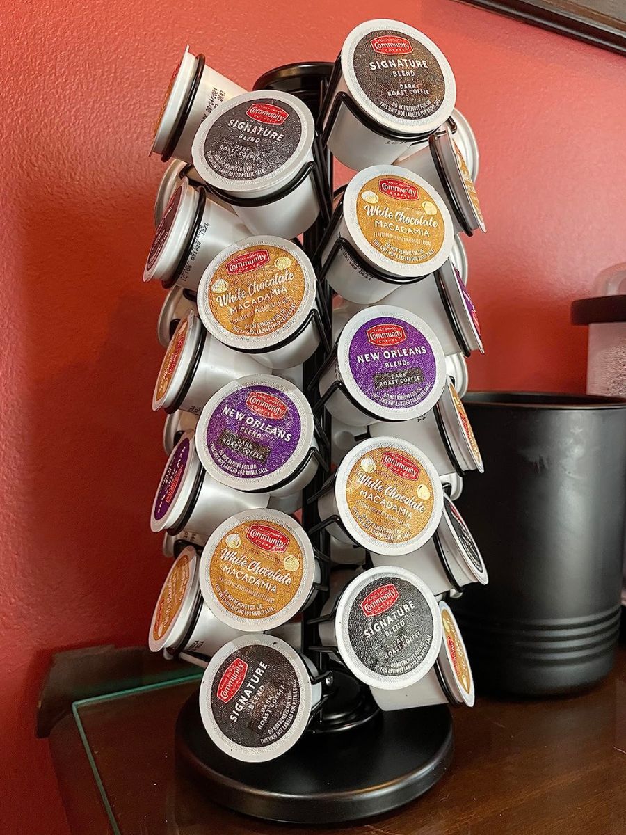 A K-Cup Carousel Organizer with K-Cups in it