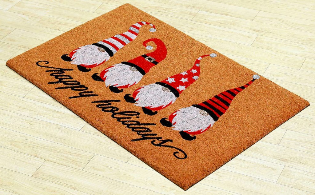 gnome print doormat that says happy holidays
