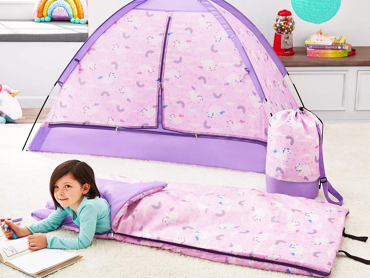 unicorn print tent and sleeping bag set