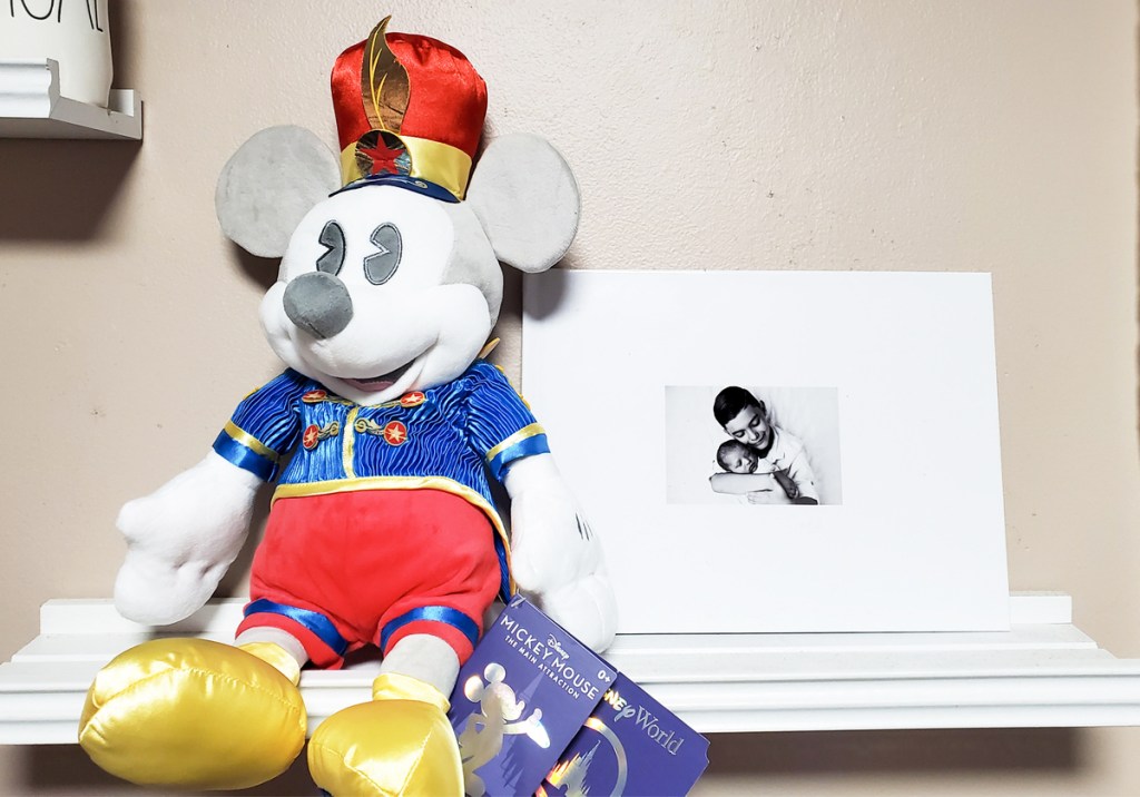 mickey mouse plush on shelf