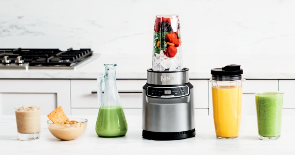 ninja personal blender and smoothies on kitchen counter