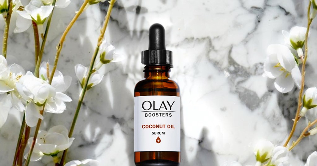 Olay Coconut Oil Booster Serum with flowers