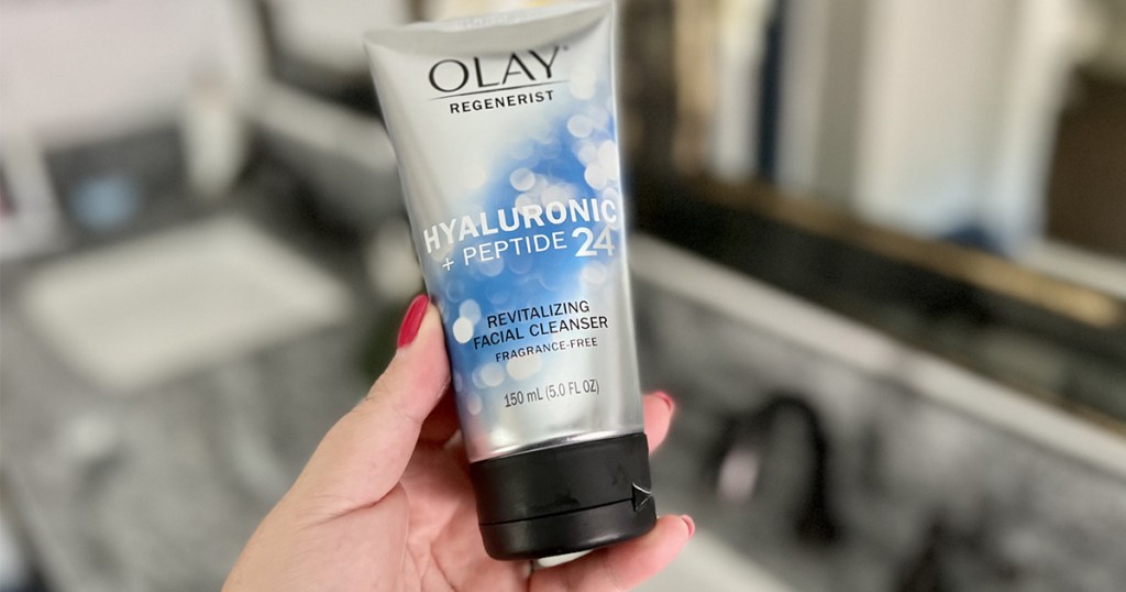 olay facial cleanser in hand 