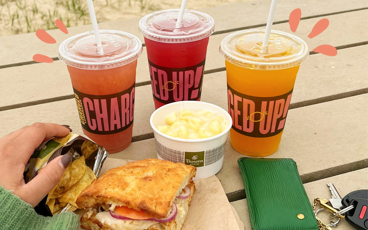 panera drinks displayed with food and wallet