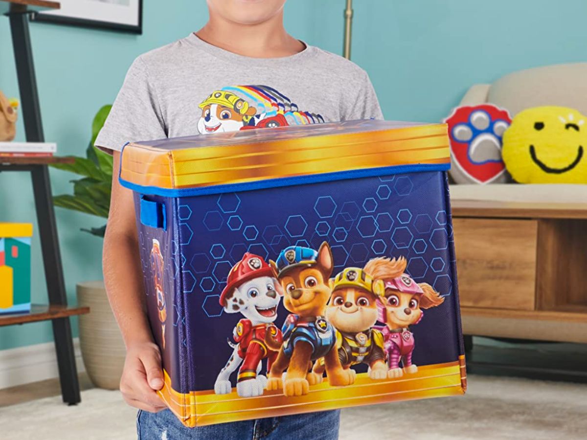 boy holding a Paw Patrol Adventure City Play Mat that has been folded up into a storage cube
