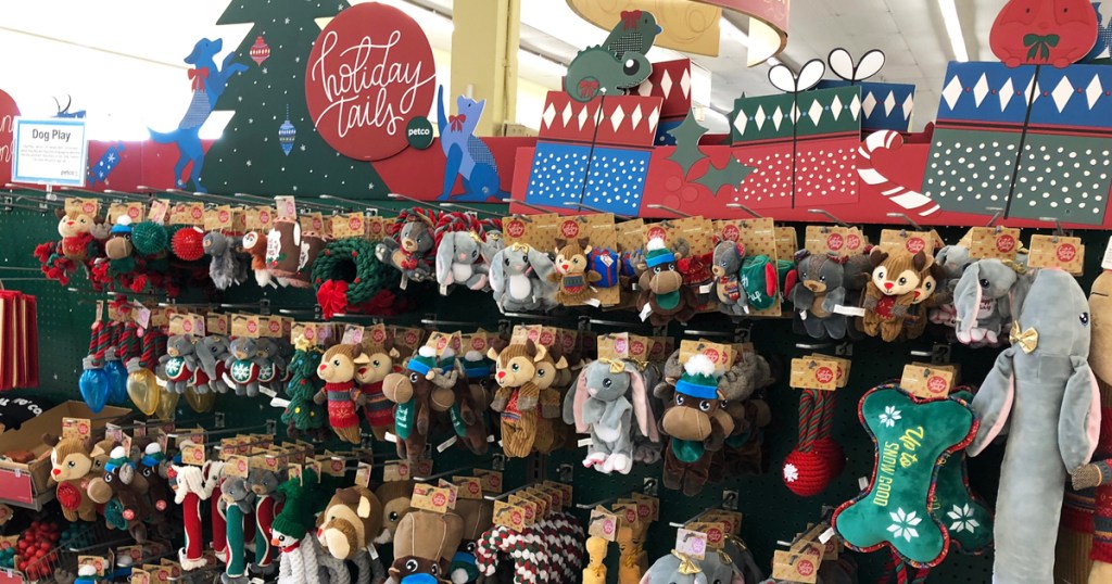 display wall of christmas dog toys at petco