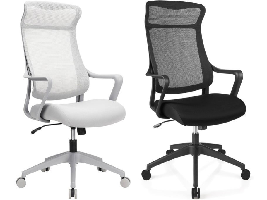 light grey and black office chairs with tall mesh backs