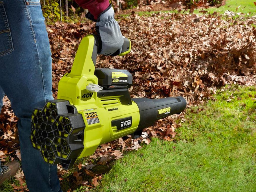using green leaf blower to clear leaves