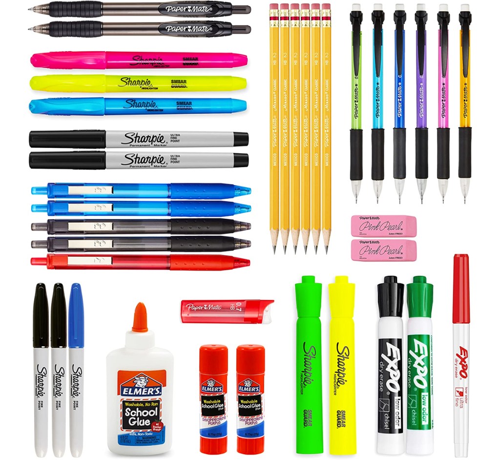 variety of Sharpie, Expo, Paper Mate, and Elmer’s school supplies