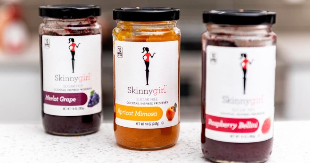 three jars of Skinnygirl Preserves on kitchen counter