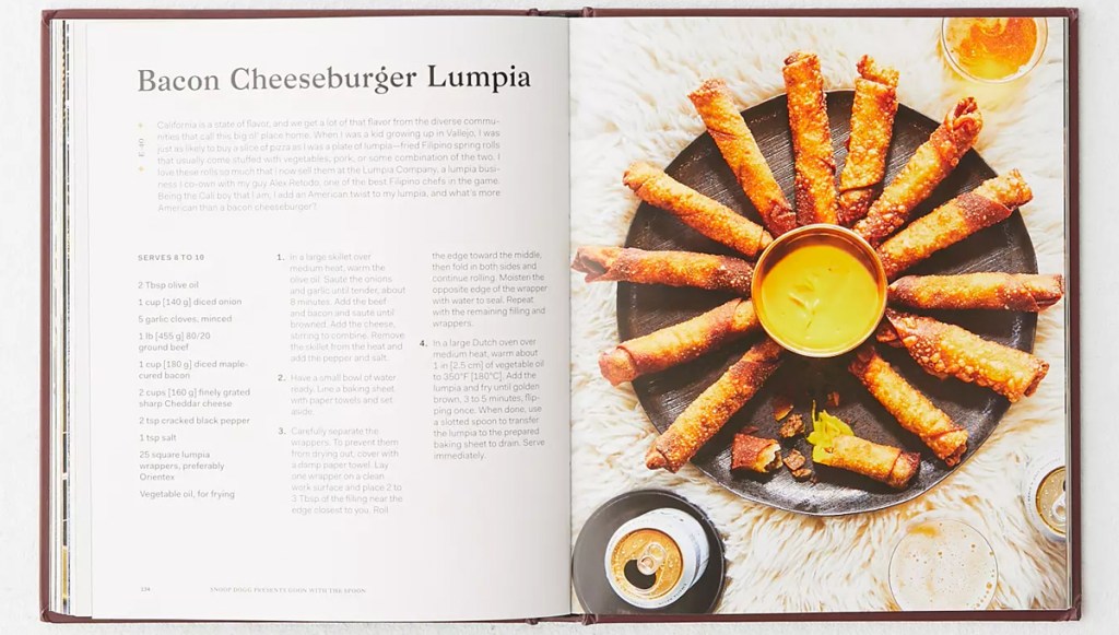 opened Snoop Dogg cookbook showing cheeseburger lumpia recipe