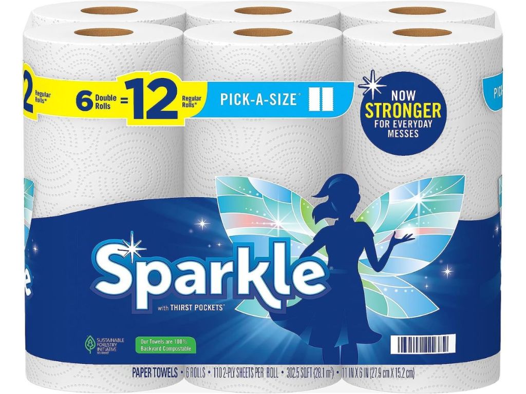 Stock image of a 6-pack of Sparkle Paper Towels