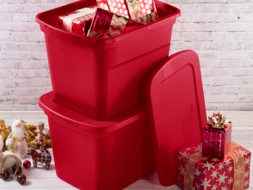 red sterilite totes with Christmas decor