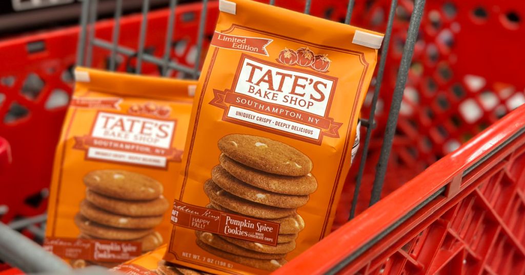 two packages of orange cookies in red cart