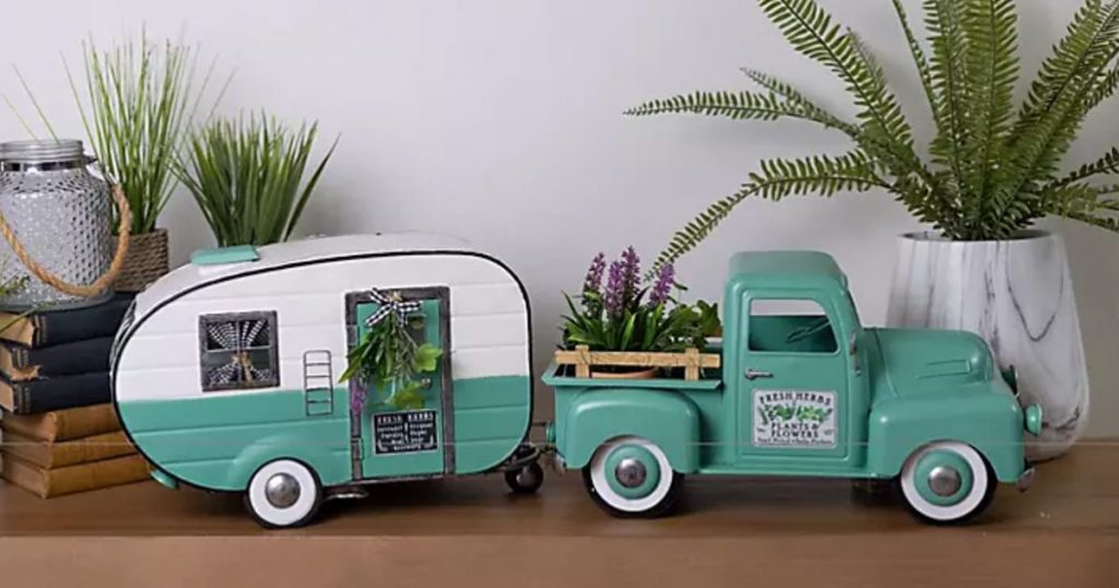 Teal Vintage Truck and Camper on Table