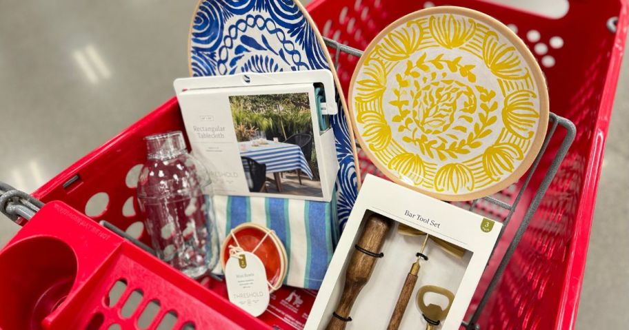 A target shopping cart filled with Threshold summer tableware items