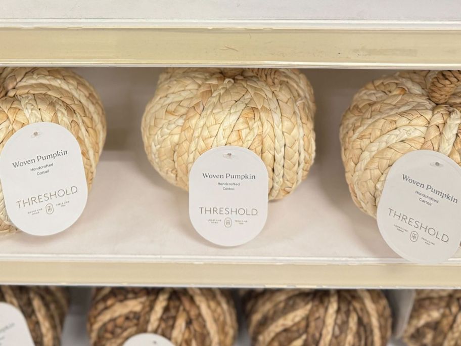 Threshold Woven Pumpkins on a shelf at Target